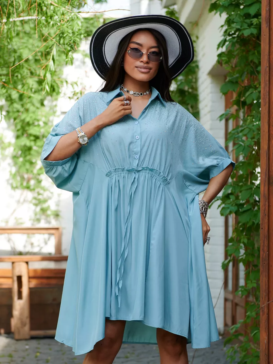 Голубое платье летнее миди бохо со стразами