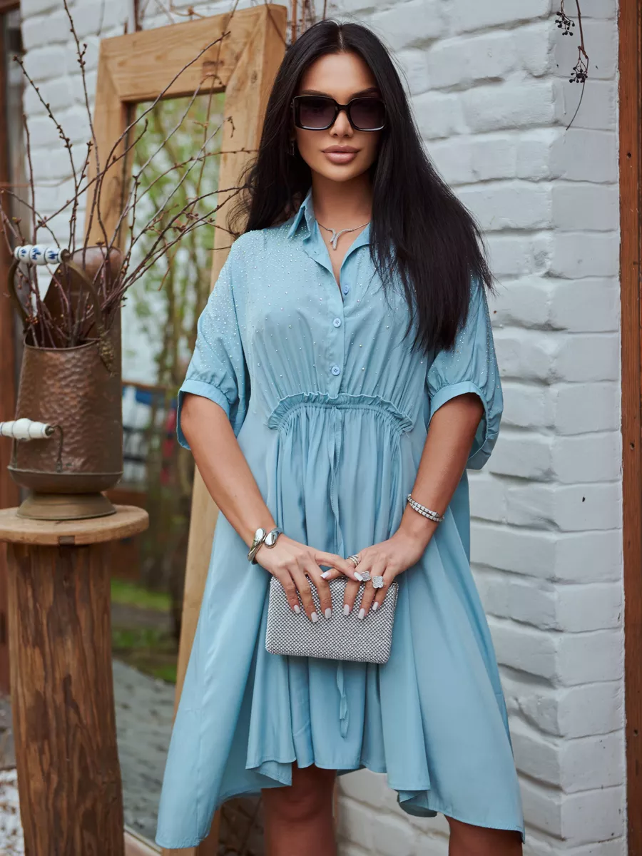 Голубое платье летнее миди бохо со стразами