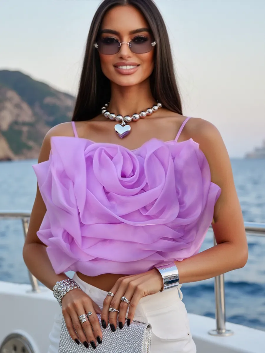 Фиолетовый топ летний вечерний на бретелях с драпировкой