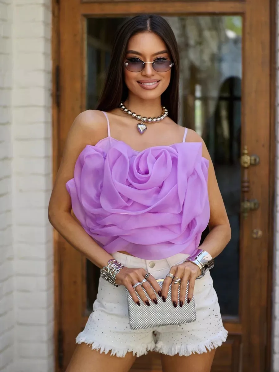 Фиолетовый топ летний вечерний на бретелях с драпировкой