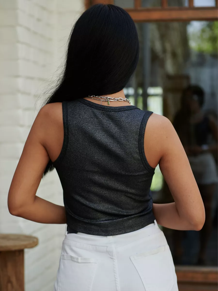 Черный топ кроп летний с металлическим напылением