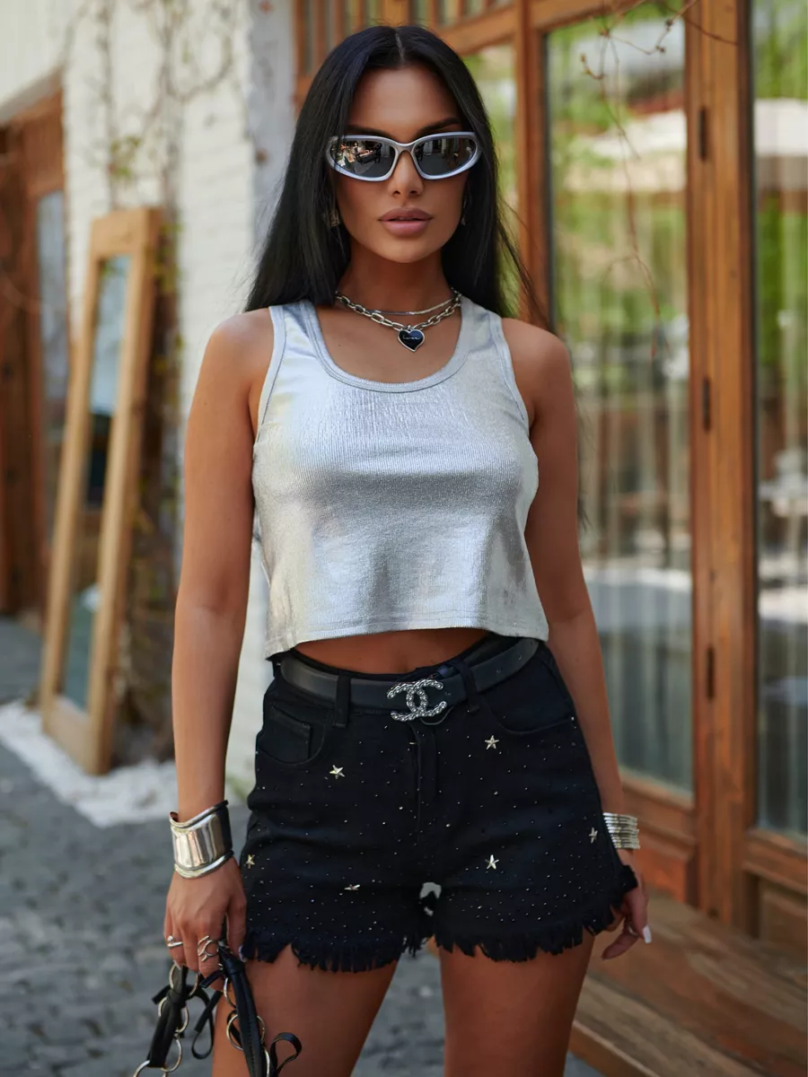 Серебристый топ кроп летний с металлическим напылением