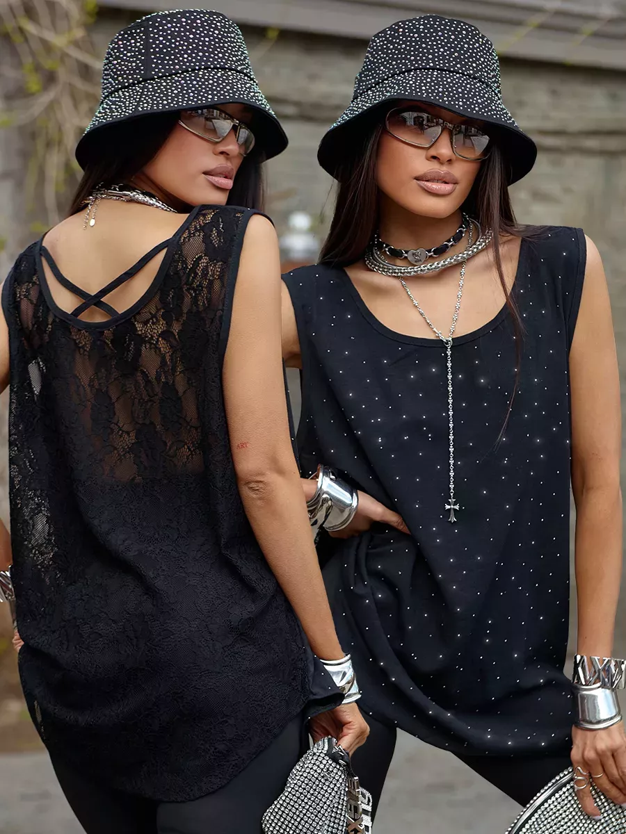 Черный топ майка летний оверсайз со стразами и гипюром