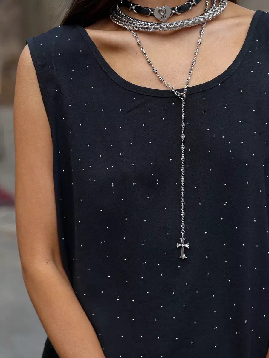 Черный топ майка летний оверсайз со стразами и гипюром