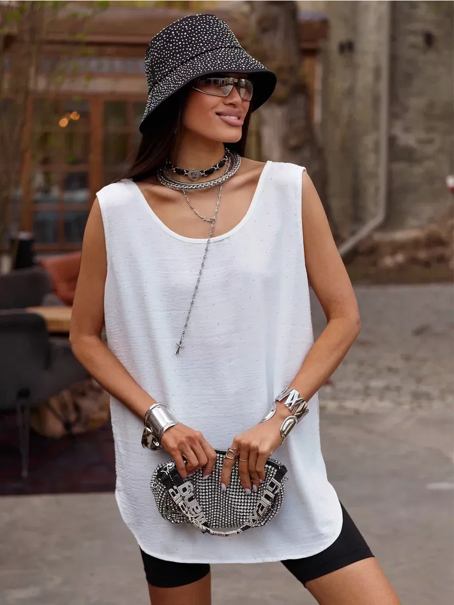 Топ майка летний оверсайз со стразами и гипюром