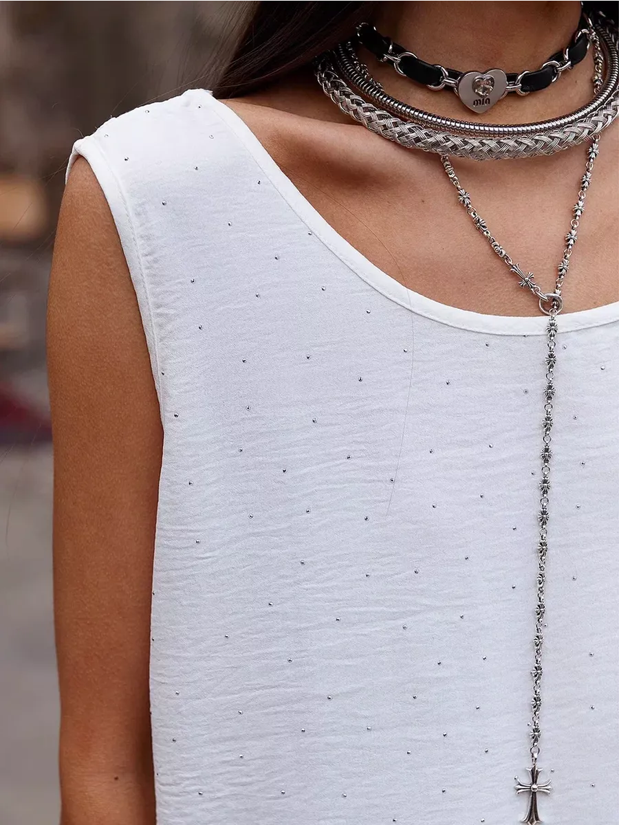 Белый топ майка летний оверсайз со стразами и гипюром