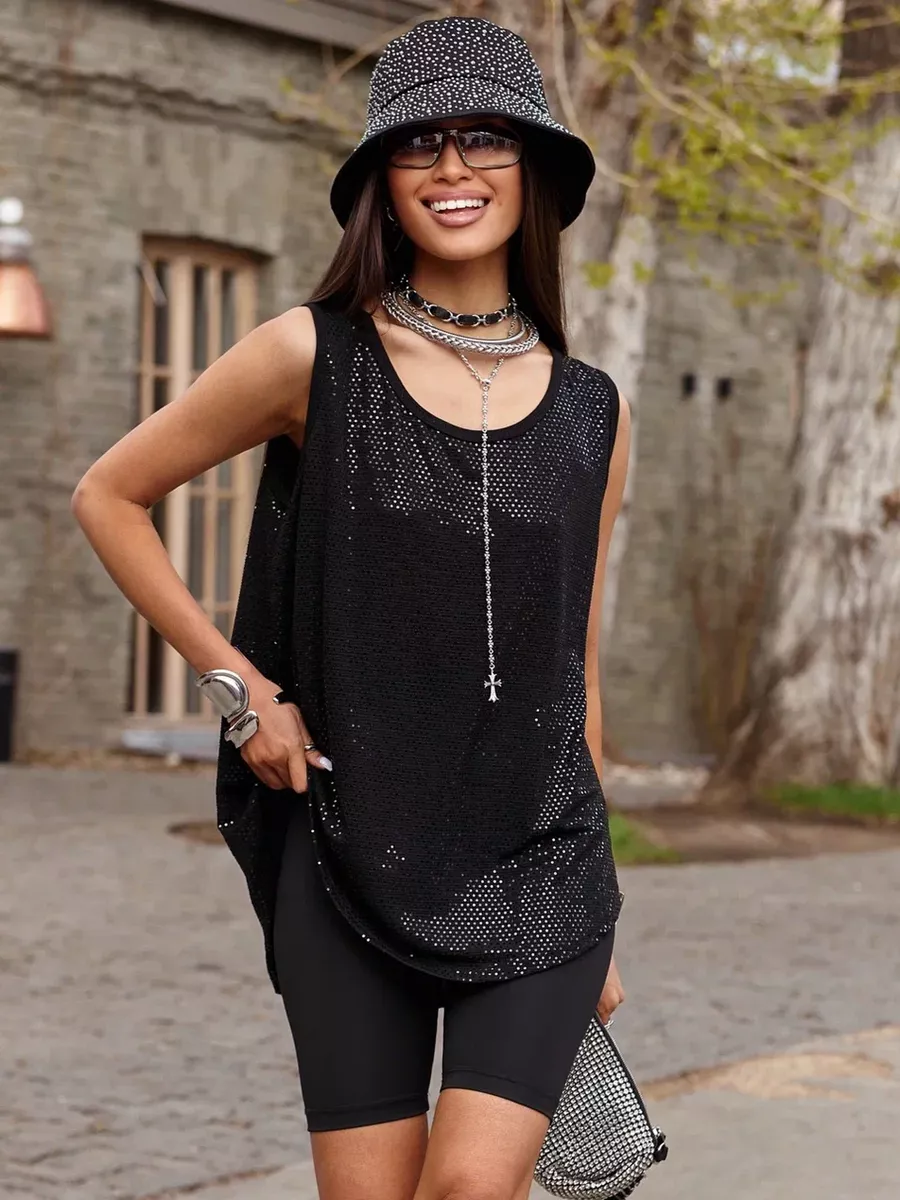 Черный топ майка летний с блестками