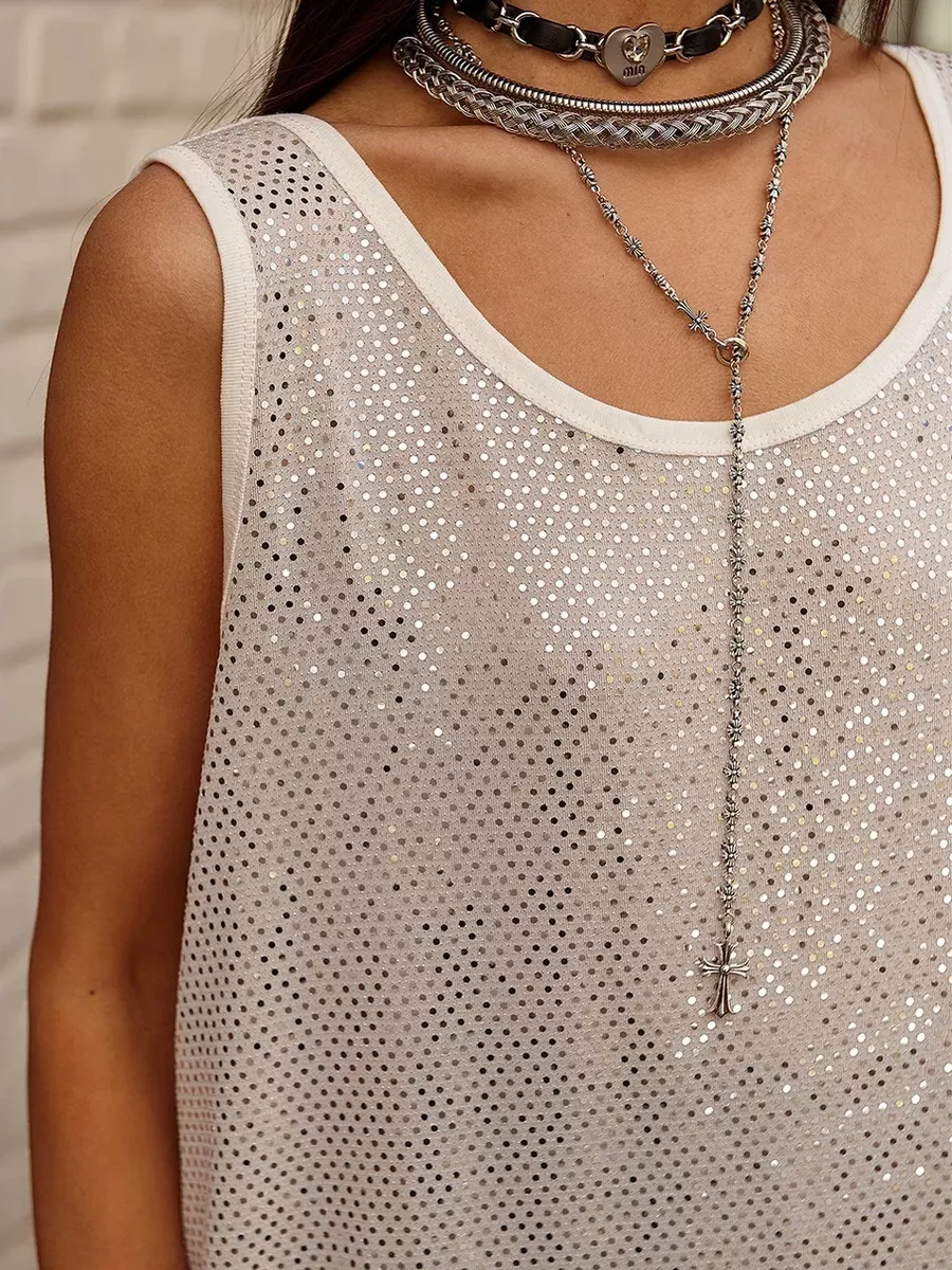 Белый топ майка летний с блестками