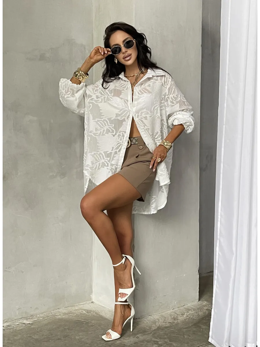 Рубашка оверсайз удлиненная с модным принтом