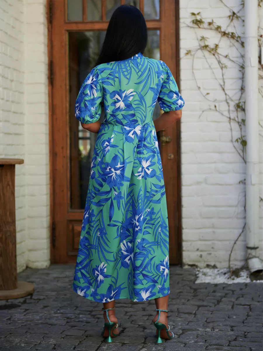 Синее платье рубашка летнее с цветочным принтом