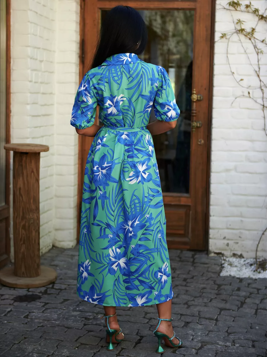 Синее платье рубашка летнее с цветочным принтом