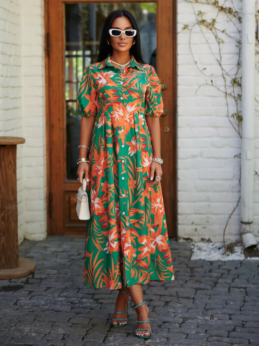 Оранжевое платье рубашка летнее с цветочным принтом
