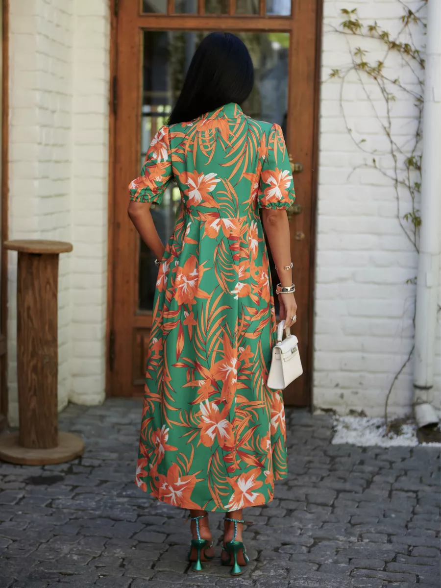 Оранжевое платье рубашка летнее с цветочным принтом