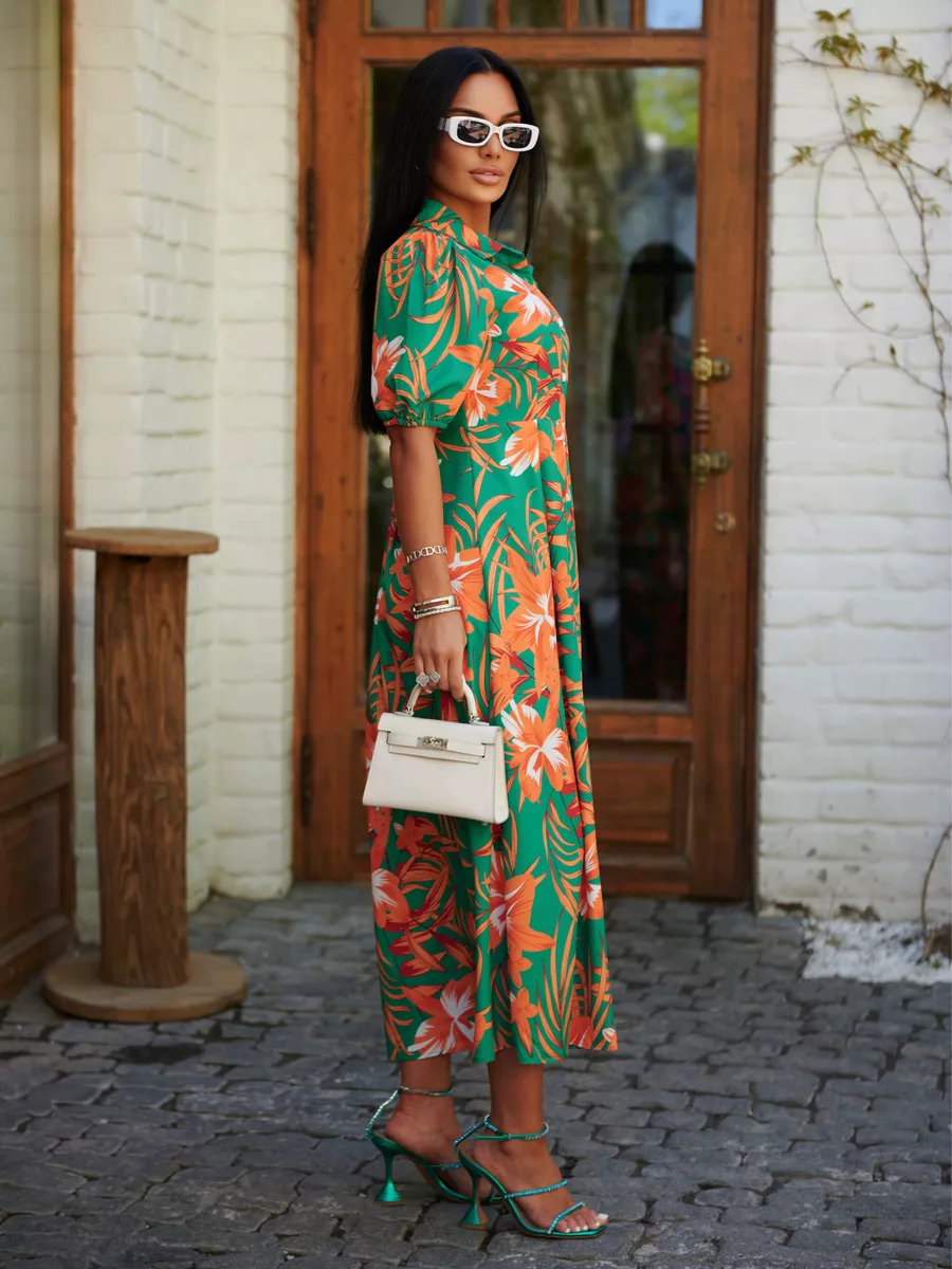 Оранжевое платье рубашка летнее с цветочным принтом