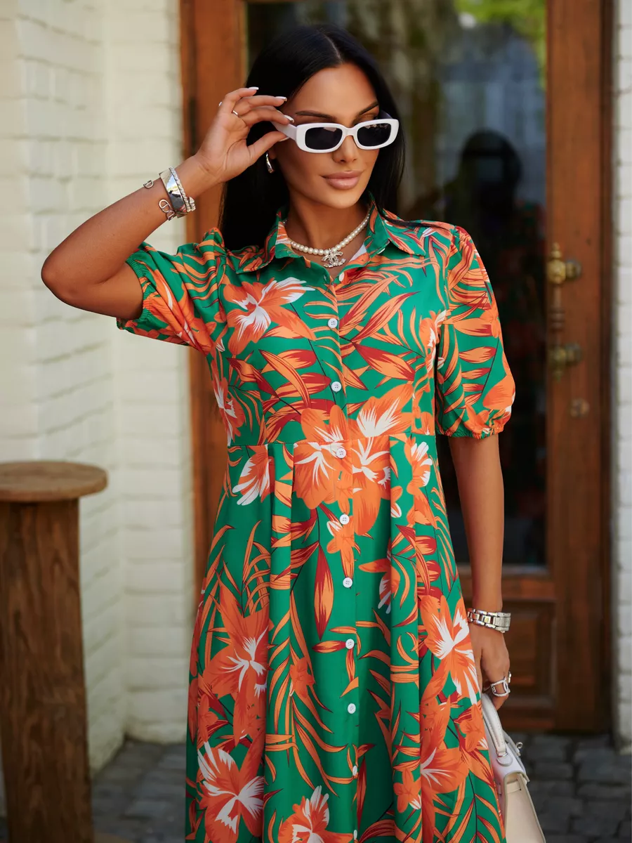 Оранжевое платье рубашка летнее с цветочным принтом