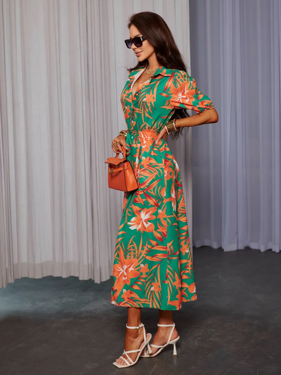 Оранжевое платье рубашка летнее с цветочным принтом