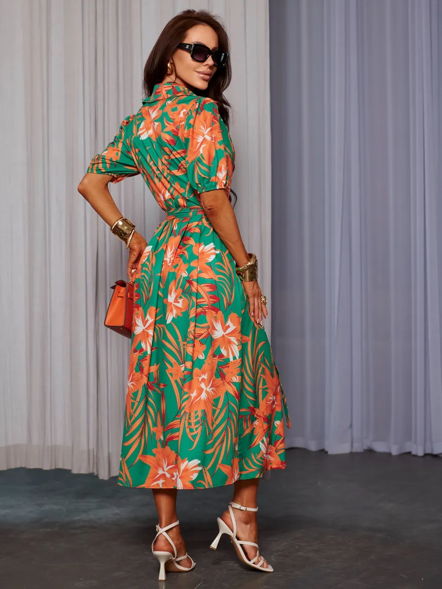 Оранжевое платье рубашка летнее с цветочным принтом