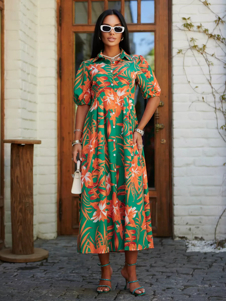 Оранжевое платье рубашка летнее с цветочным принтом