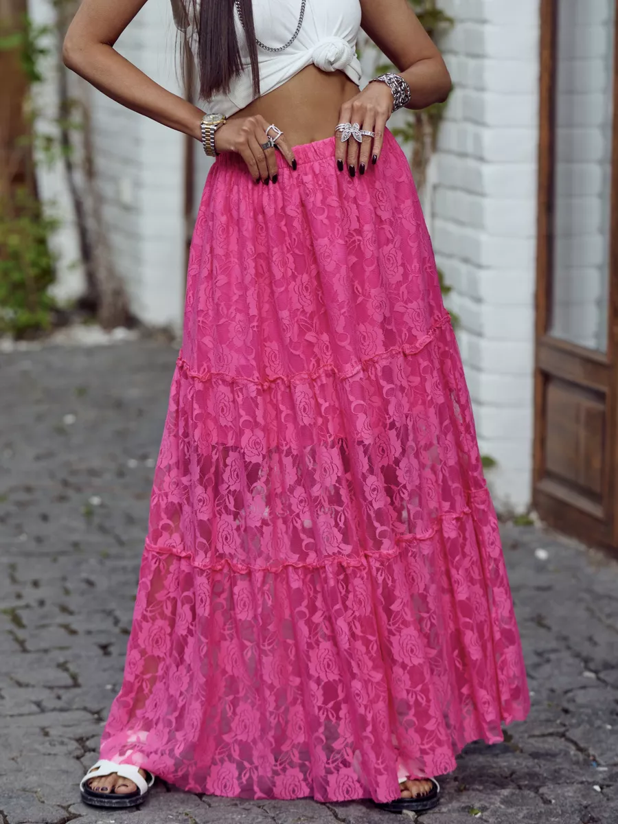 Фуксия юбка длинная летняя из гипюра сетка