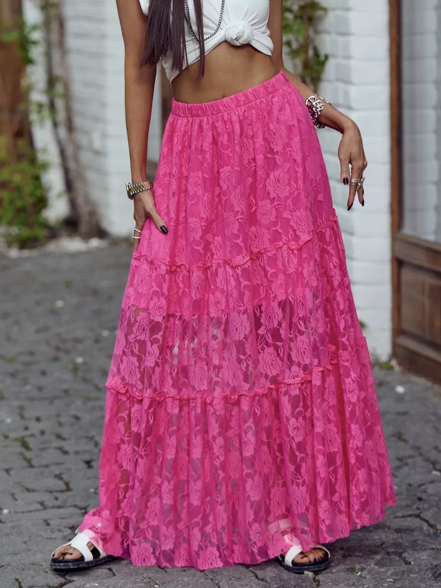 Фуксия юбка длинная летняя из гипюра сетка