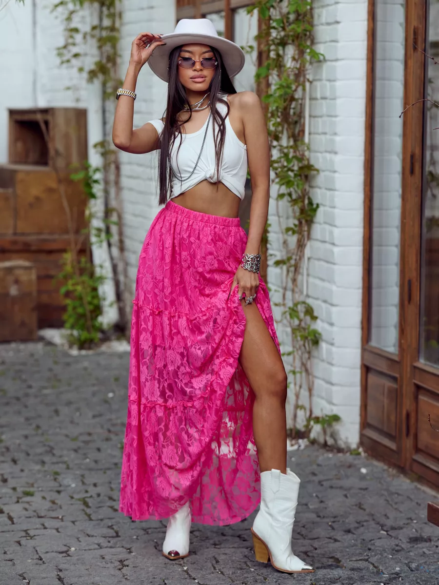 Фуксия юбка длинная летняя из гипюра сетка