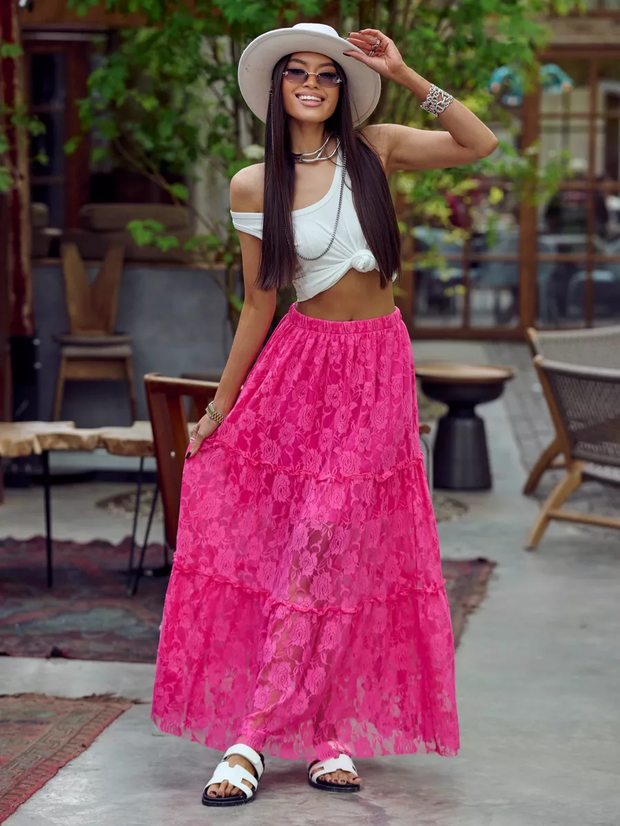 Фуксия юбка длинная летняя из гипюра сетка