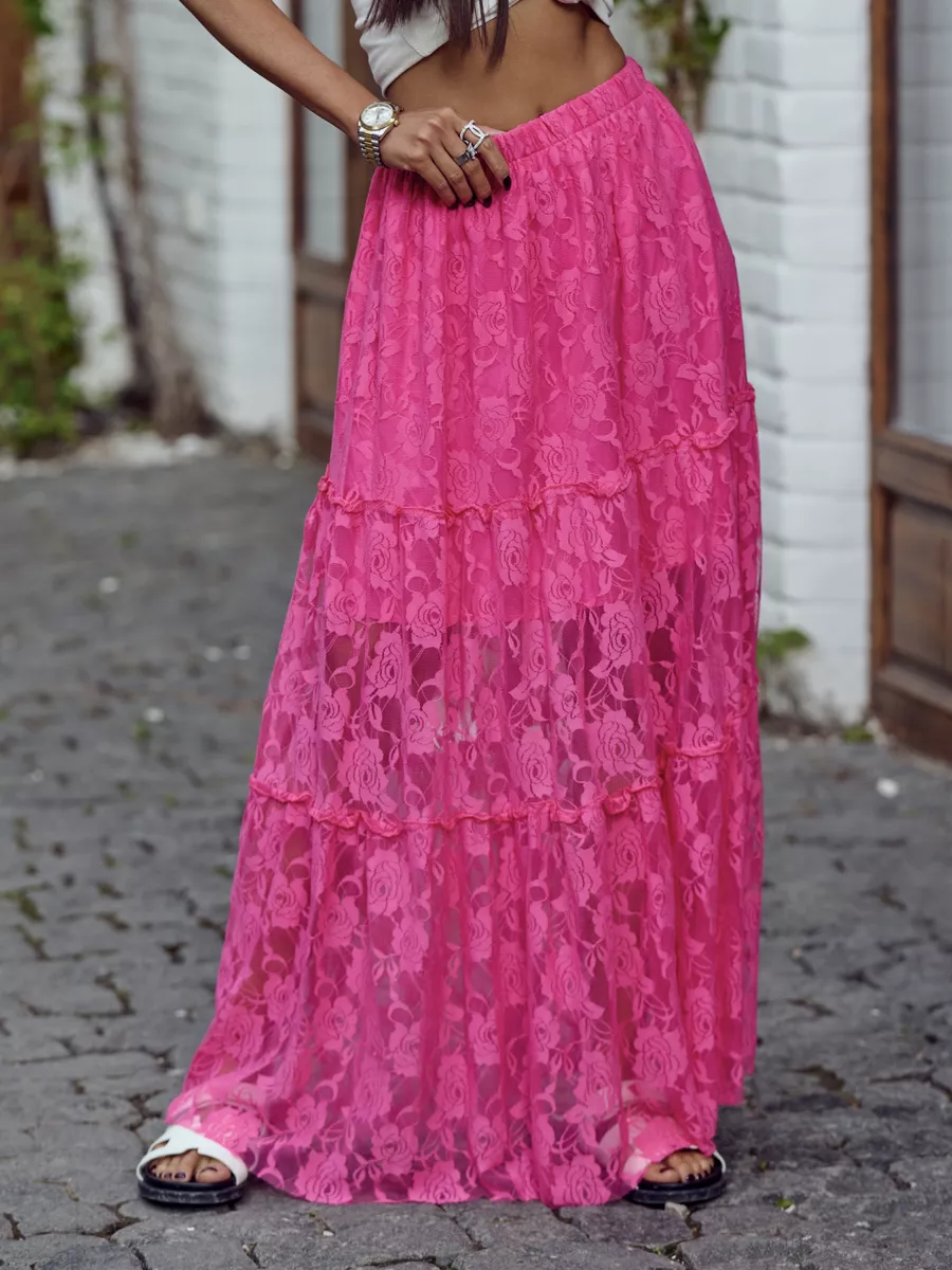 Фуксия юбка длинная летняя из гипюра сетка