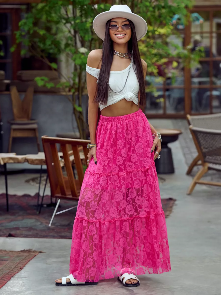 Фуксия юбка длинная летняя из гипюра сетка