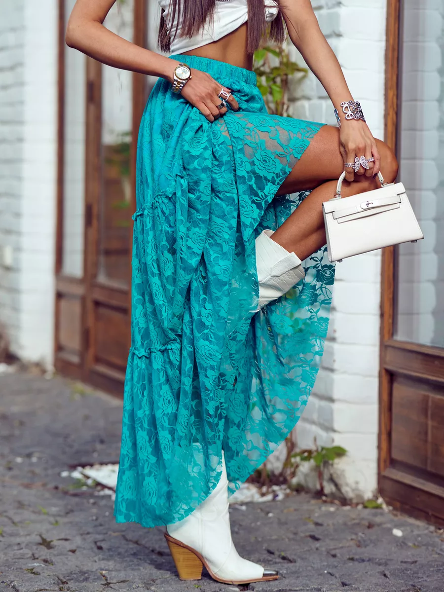 Бирюзовая юбка длинная летняя из гипюра сетка