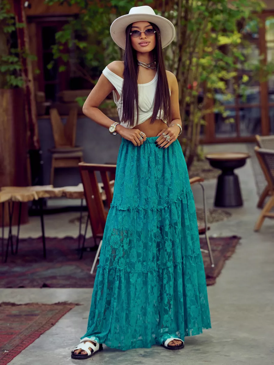 Бирюзовая юбка длинная летняя из гипюра сетка