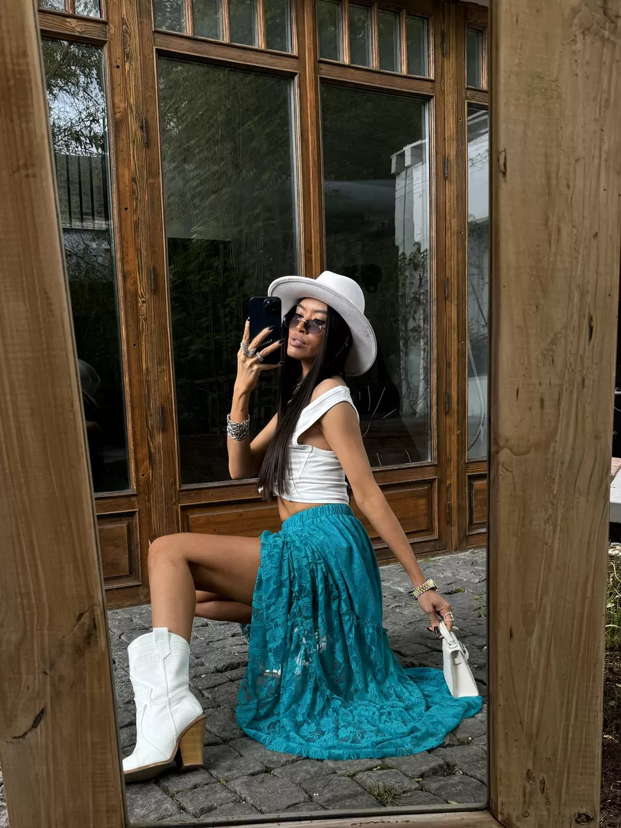 Бирюзовая юбка длинная летняя из гипюра сетка