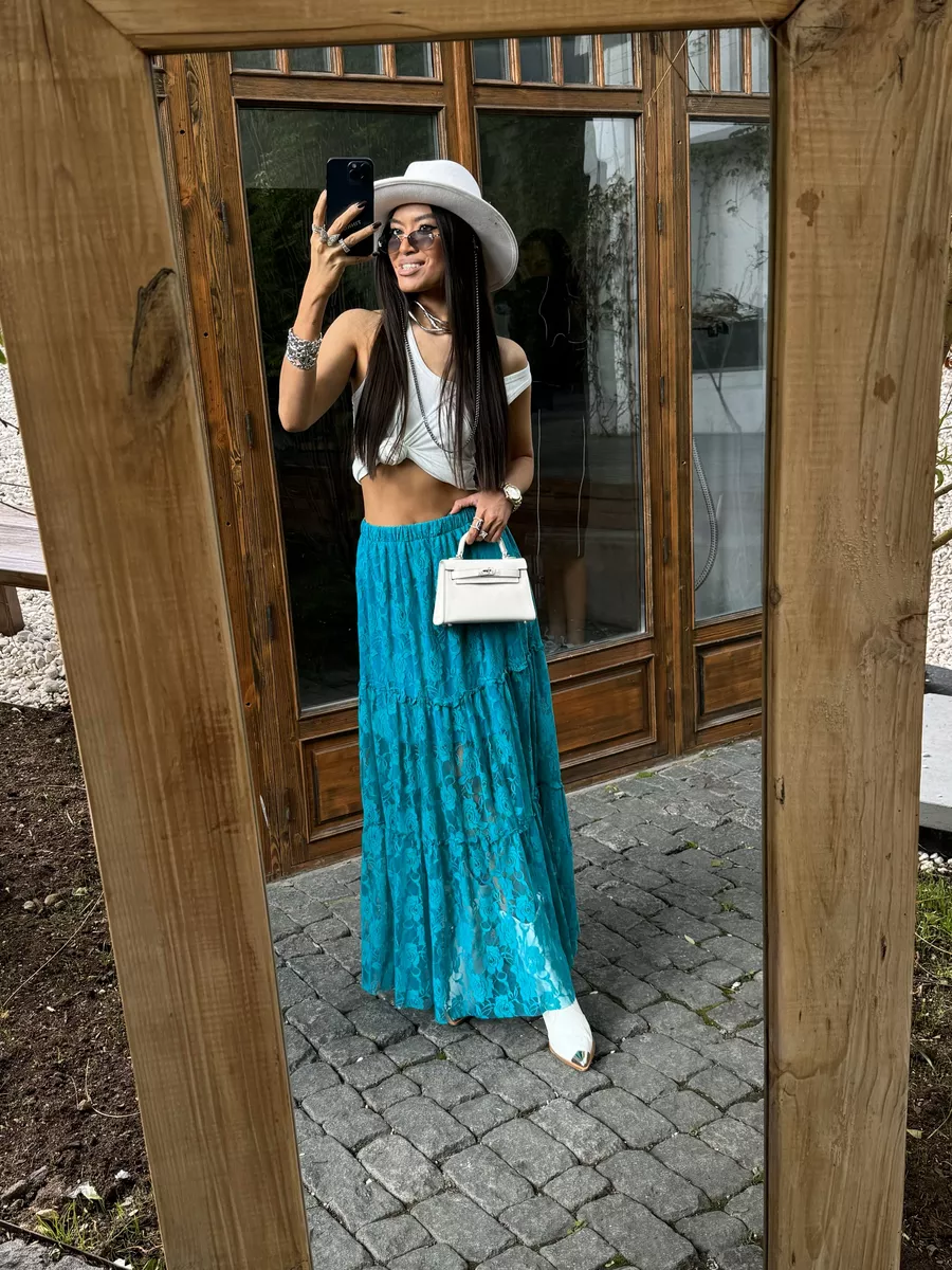 Бирюзовая юбка длинная летняя из гипюра сетка