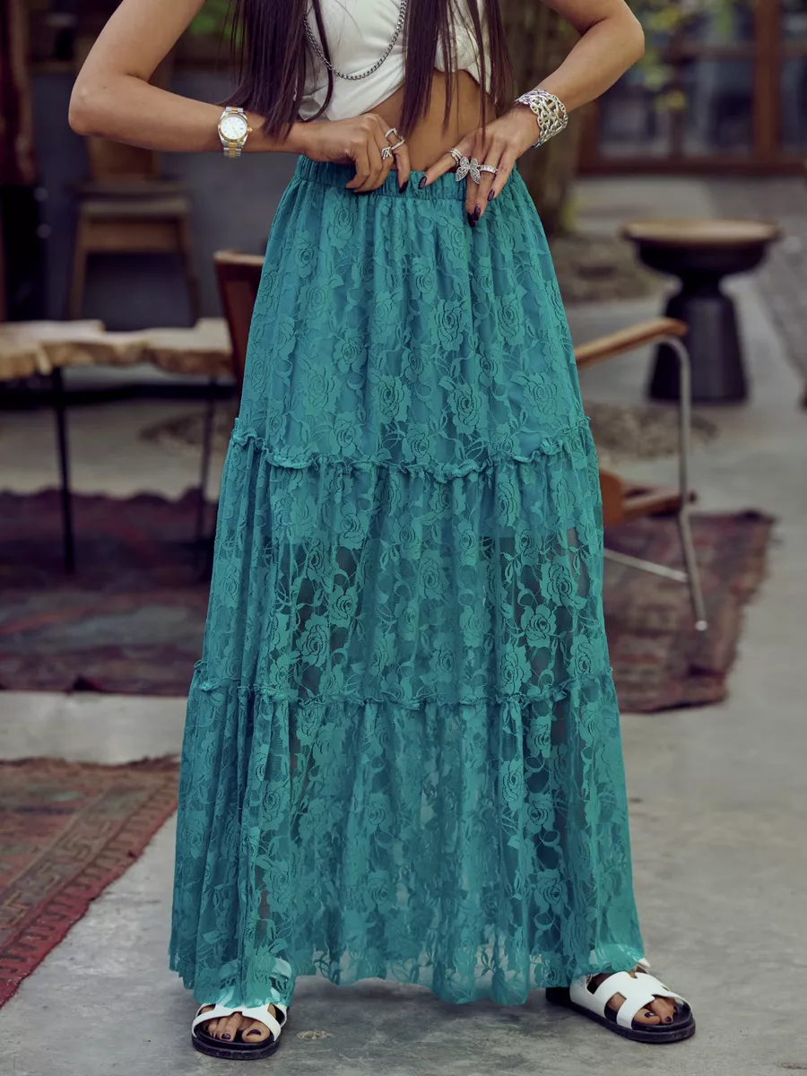 Бирюзовая юбка длинная летняя из гипюра сетка