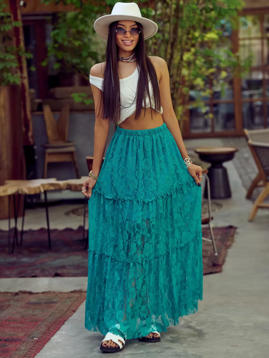 Бирюзовая юбка длинная летняя из гипюра сетка
