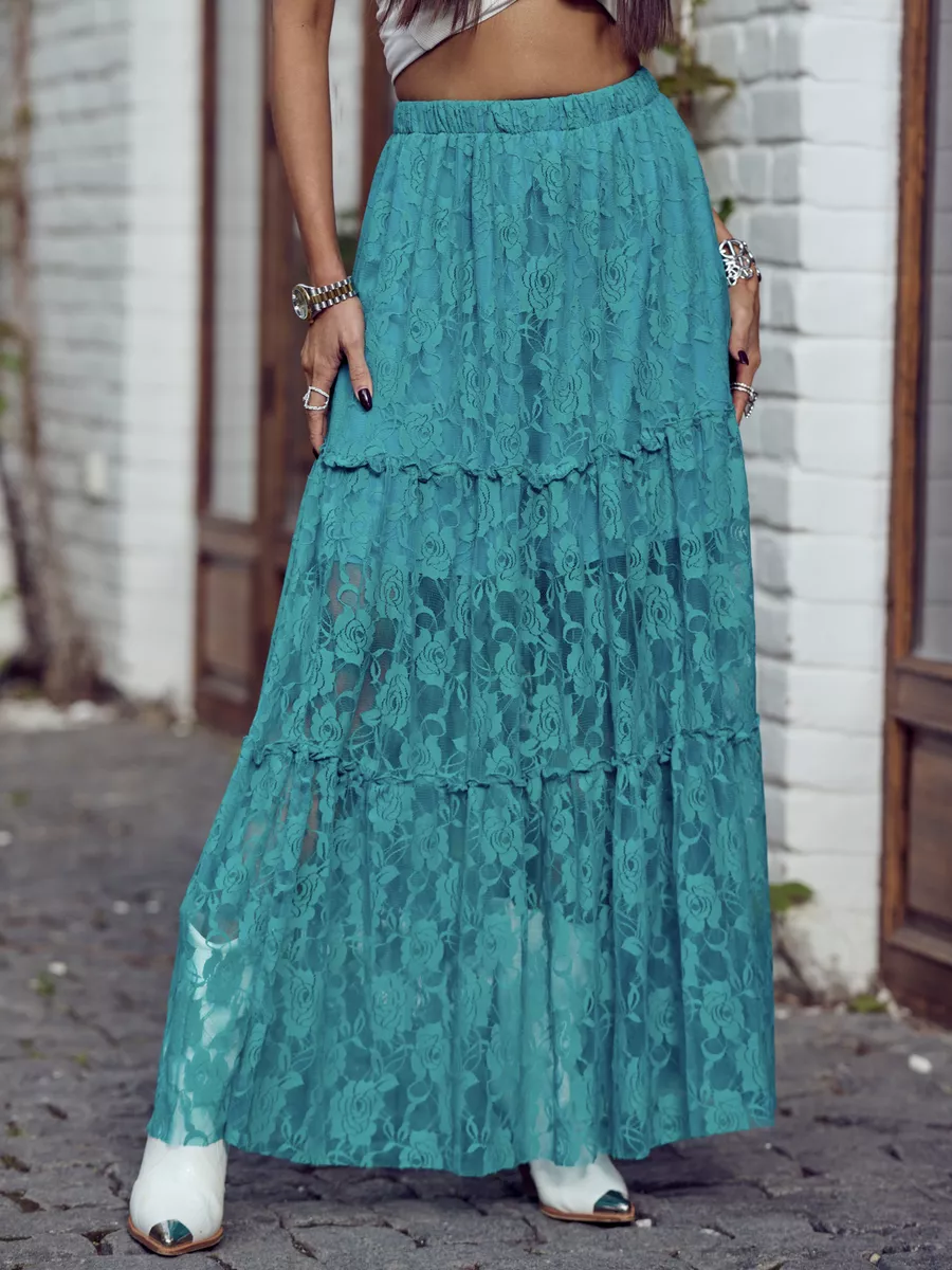 Бирюзовая юбка длинная летняя из гипюра сетка