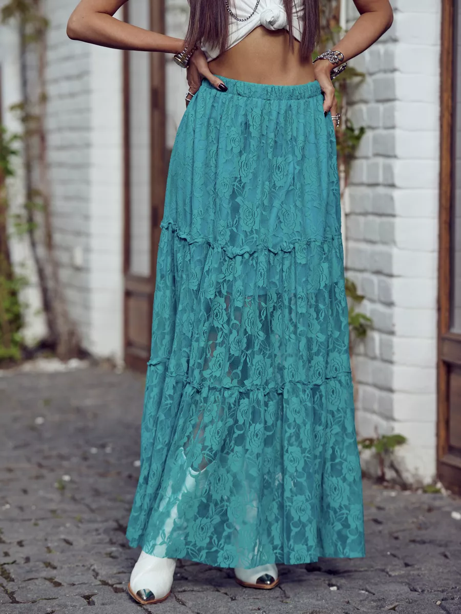 Бирюзовая юбка длинная летняя из гипюра сетка