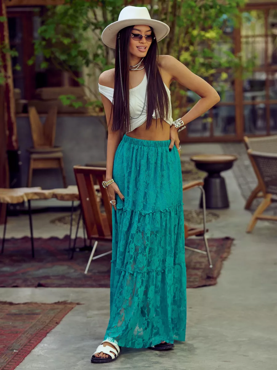 Бирюзовая юбка длинная летняя из гипюра сетка