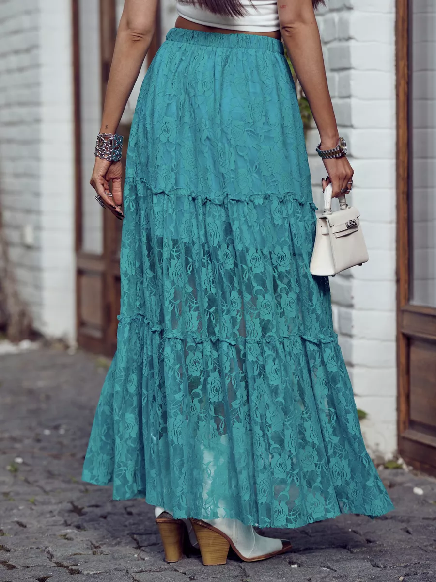 Бирюзовая юбка длинная летняя из гипюра сетка