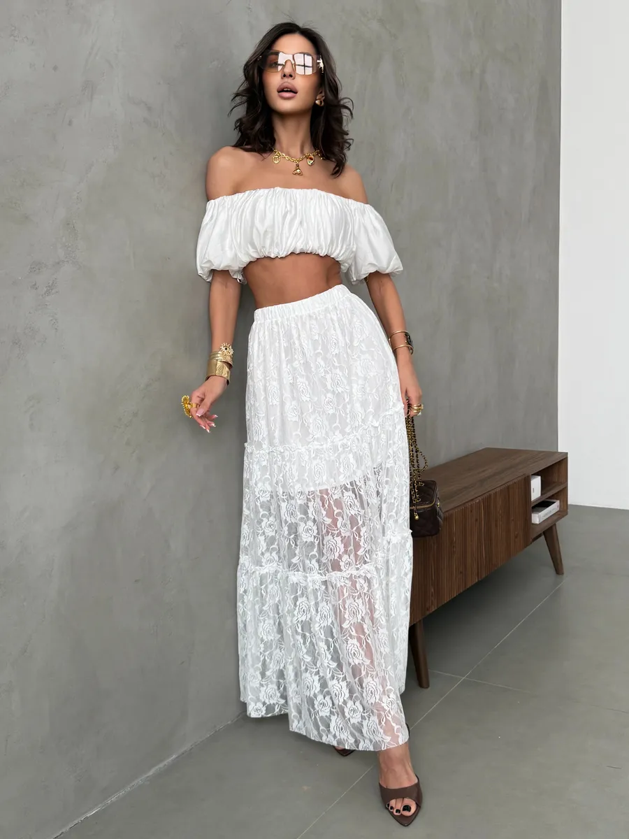 Белая юбка длинная летняя из гипюра сетка