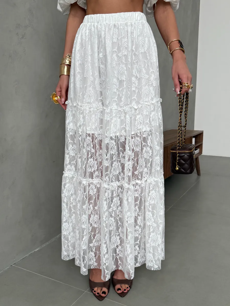 Белая юбка длинная летняя из гипюра сетка