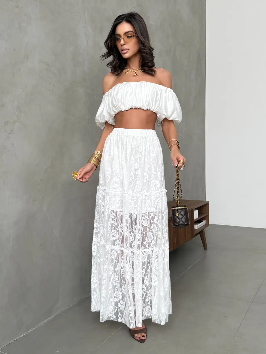 Белая юбка длинная летняя из гипюра сетка