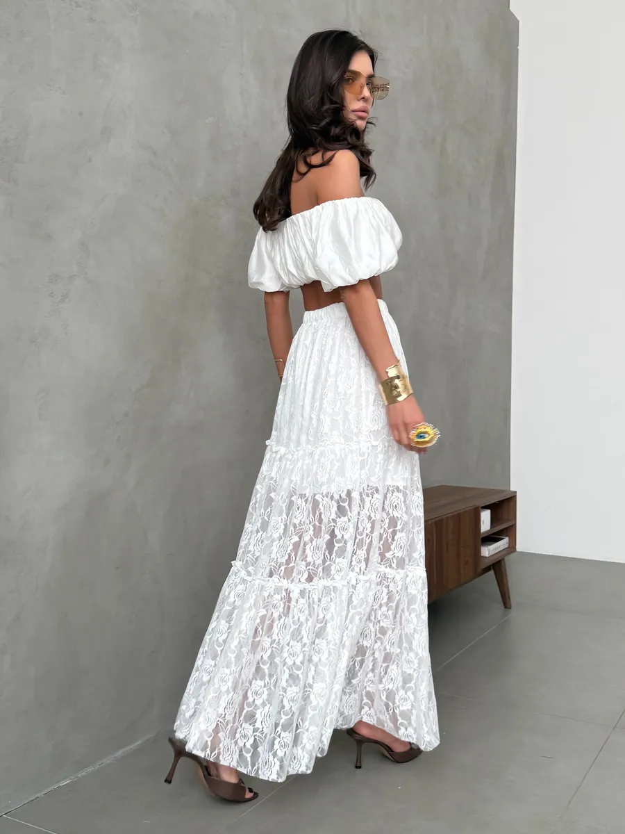 Белая юбка длинная летняя из гипюра сетка