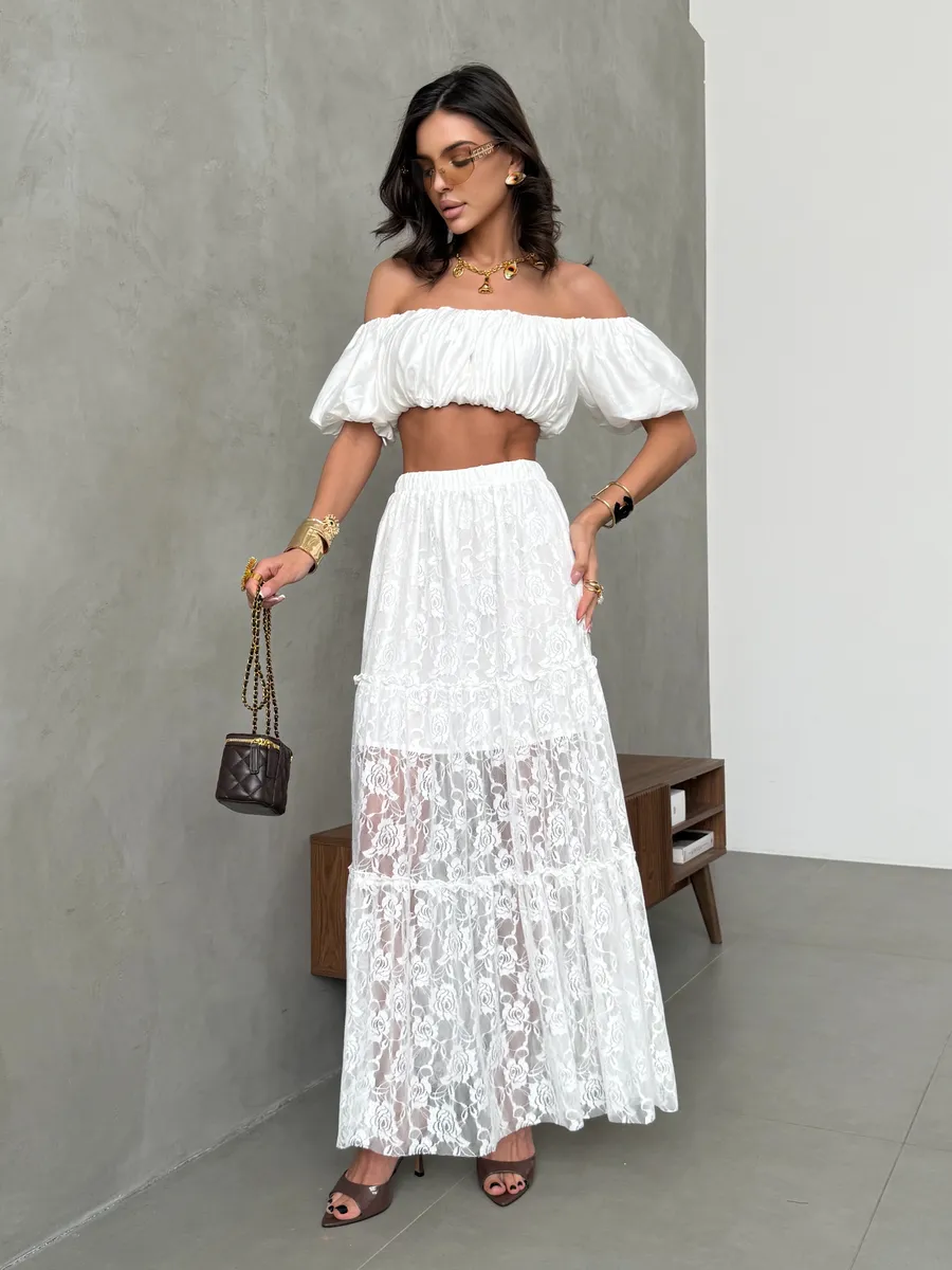 Белая юбка длинная летняя из гипюра сетка