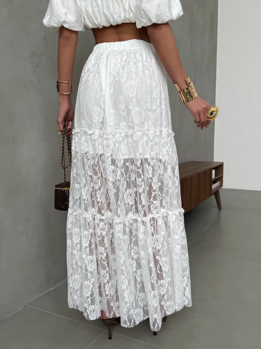 Белая юбка длинная летняя из гипюра сетка
