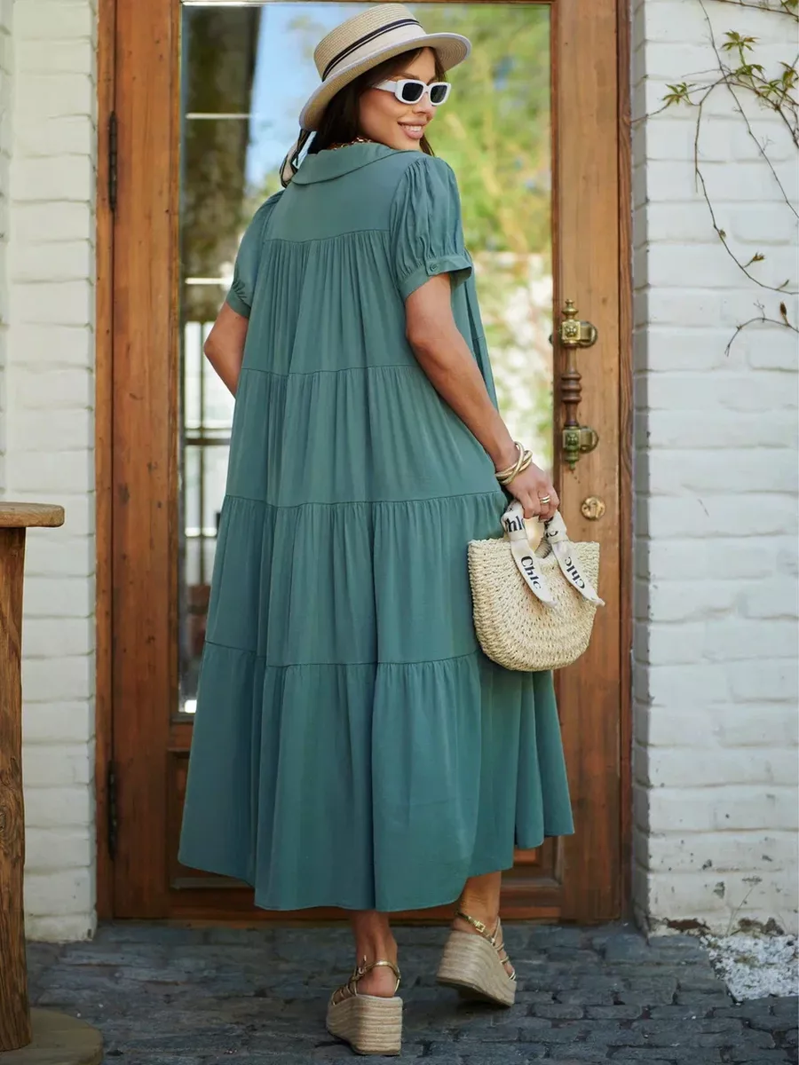 Хаки свободное ярусное платье в стиле бохо