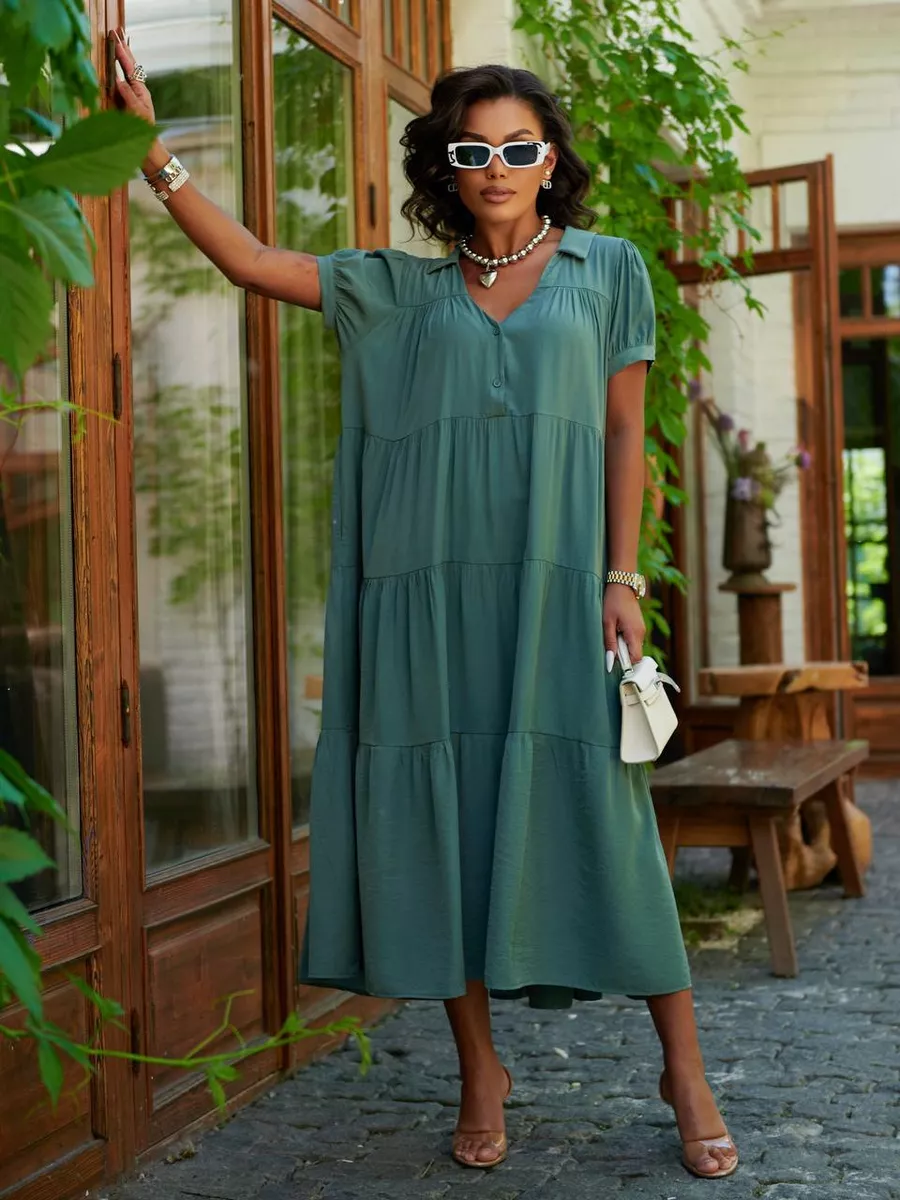 Хаки свободное ярусное платье в стиле бохо