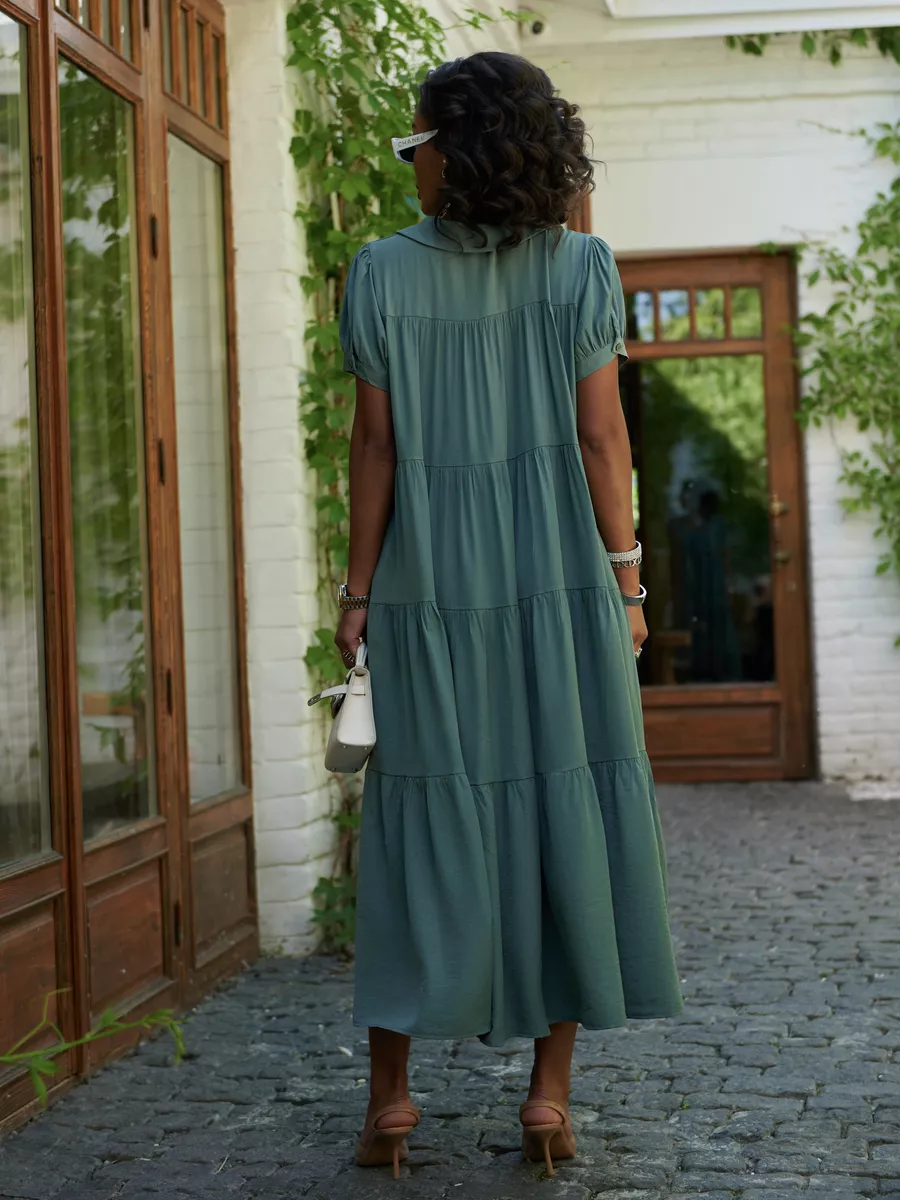 Хаки свободное ярусное платье в стиле бохо