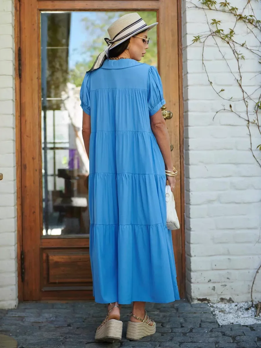 Голубое свободное ярусное платье в стиле бохо