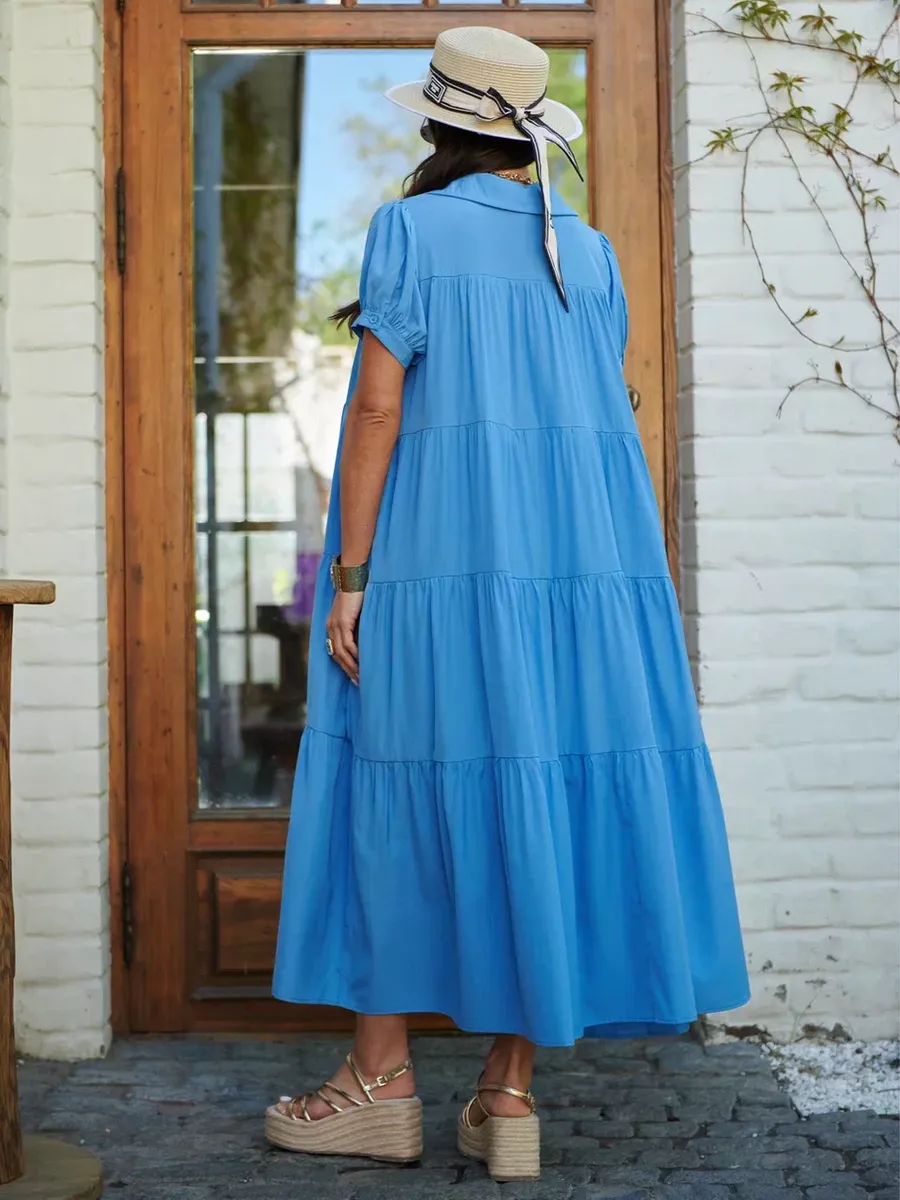 Голубое свободное ярусное платье в стиле бохо