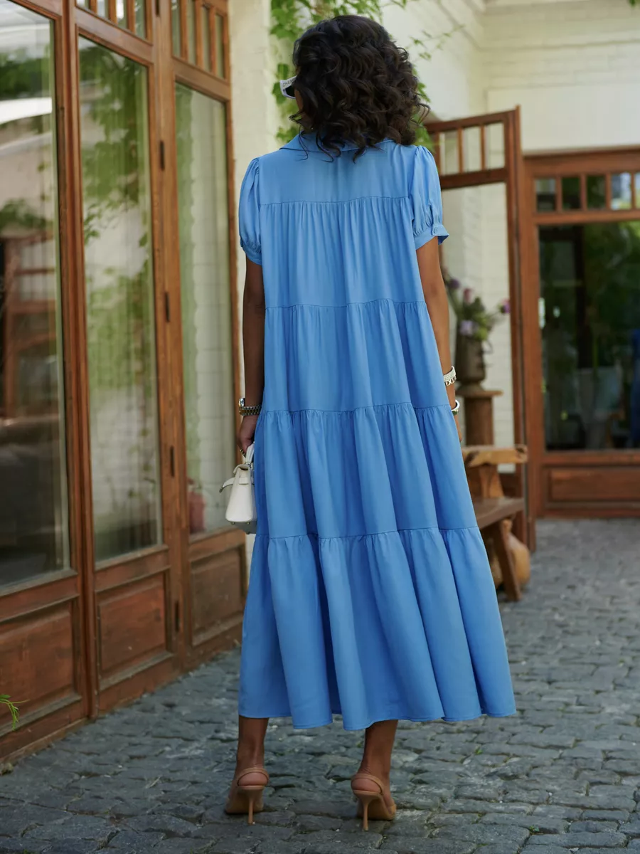 Голубое свободное ярусное платье в стиле бохо